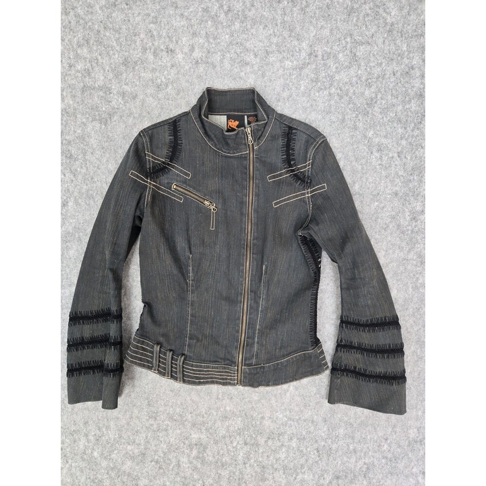 Vintage PARASUCO Jeans Rula Moto Jacket Sz M Black Stretch Denim Embroidered